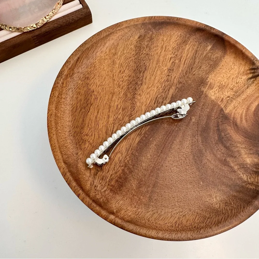 4/$15 Pearls Long Flat Silver Barrette Hair Clip